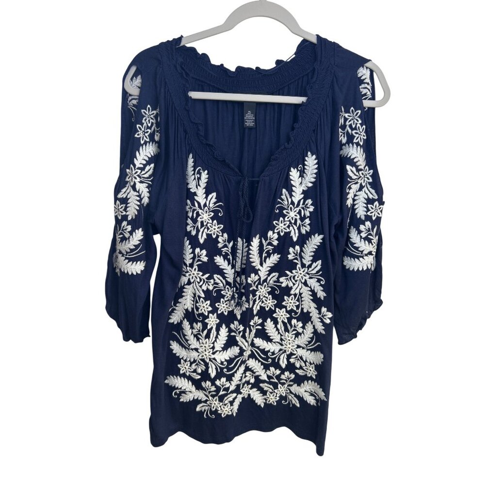 INC International Concepts Navy Cold-Shoulder Tunic with White Embroidery